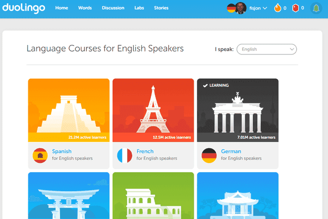 Ekraanipilt Duolingo inglise keelt kõnelevatele keeleõppekursustest