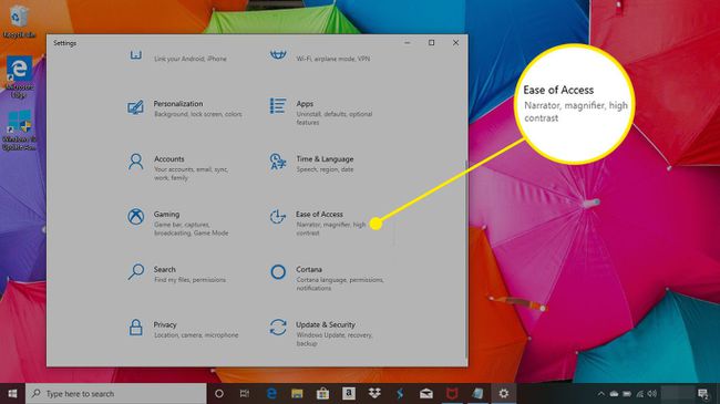 Nastavení systému Windows 10 se zvýrazněnou nabídkou Usnadnění přístupu