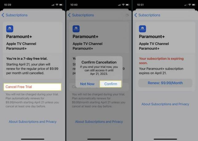 Paramount+ の App Store で [無料トライアルをキャンセル] ボタンと [確認] ボタンが強調表示されています。