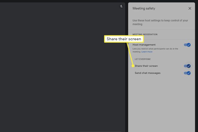 Condividi il loro schermo evidenziato nei controlli di sicurezza di Google Meet