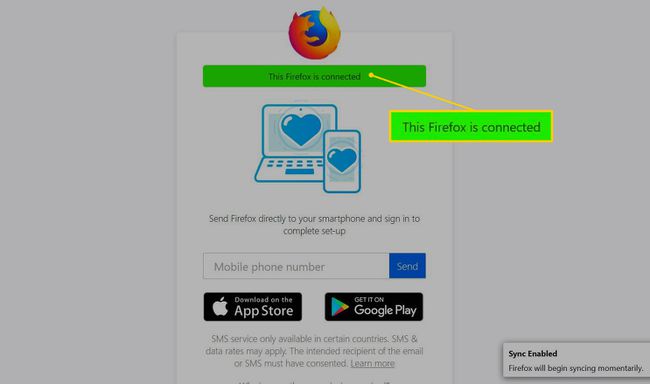 Este Firefox está conectado: mensaje en el sitio web de Firefox Sync