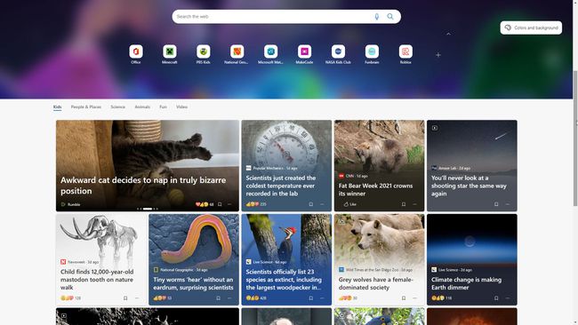 Captura de pantalla del modo infantil de Microsoft Edge activo