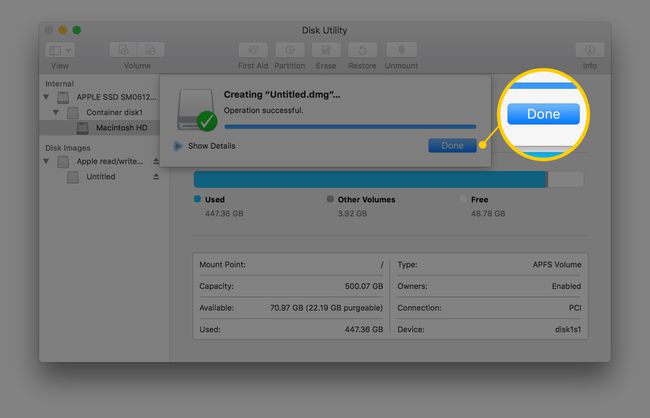 Tangkapan layar tombol Utilitas Disk Selesai setelah membuat file .dmg