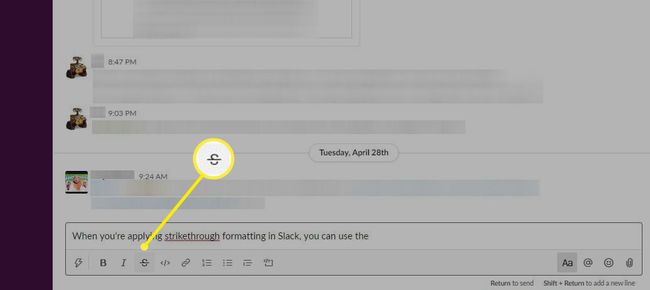 Slack의 텍스트 서식 표시줄에 있는 취소선 버튼