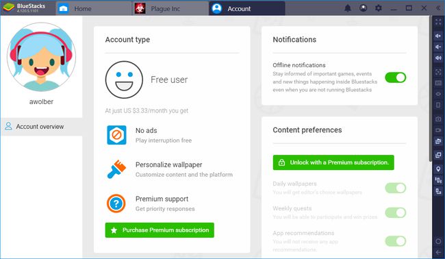 BlueStacksi kontoalal on näha Premium-tellimus (3,33 dollari eest kuus)