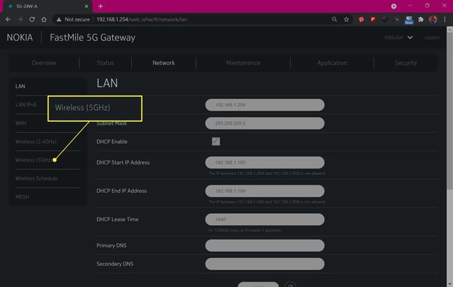 Información de administración del módem con Wireless 5G resaltado