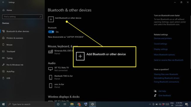 Windows 10 Bluetooth 설정에서 Bluetooth 또는 기타 장치 추가