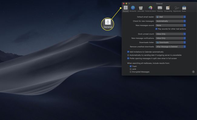 Yleiset-välilehti Apple Mailissa