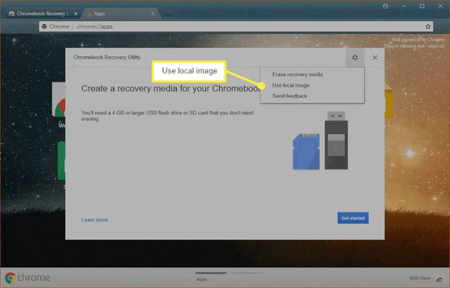 Die Chromebook Recovery Utility App mit hervorgehobener Option " Lokales Image verwenden"