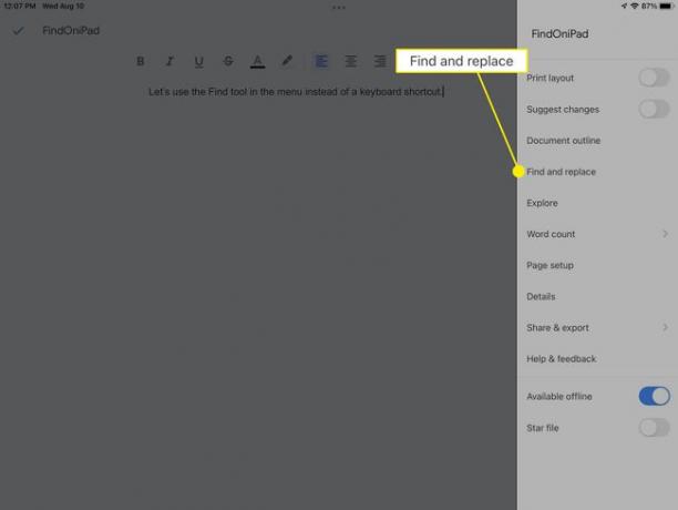 البحث والاستبدال في محرر مستندات Google على iPad