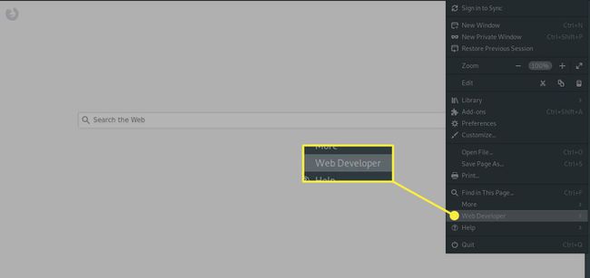 Una captura de pantalla de Firefox con la opción de menú Desarrollador web resaltada