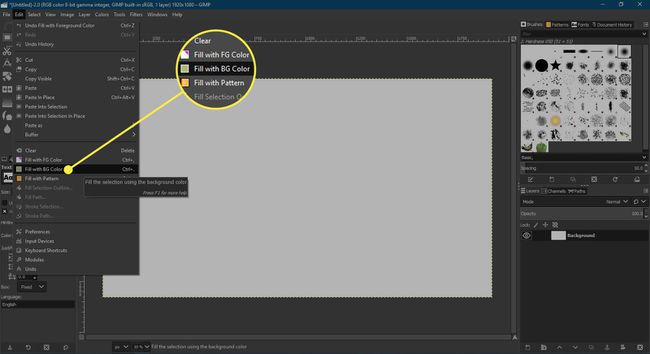 Ein Screenshot von GIMP mit hervorgehobenem Befehl „Mit BG-Farbe füllen“