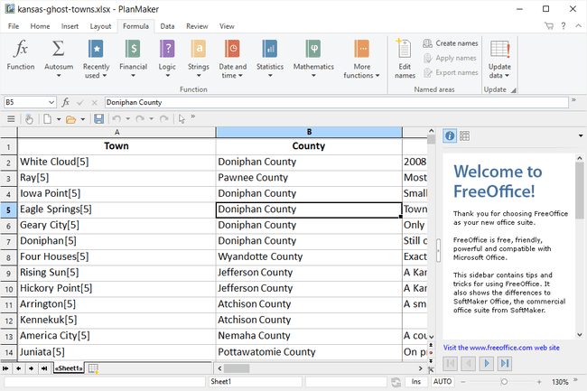 Στιγμιότυπο οθόνης του SoftMaker FreeOffice PlanMaker με ανοιχτό υπολογιστικό φύλλο