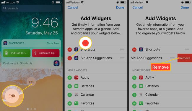 Editar, ponto vermelho, remover em widgets iOS