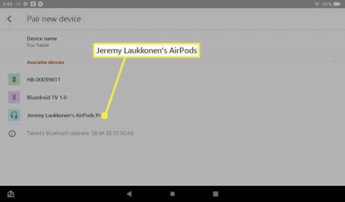 AirPods виділено в списку доступних пристроїв на Kindle Fire.