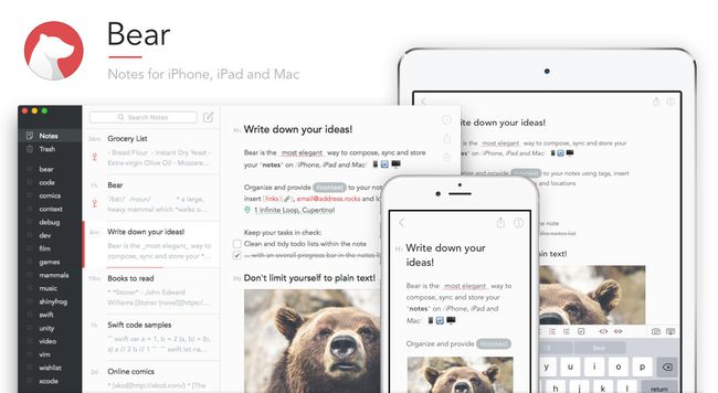 Bear Notes App auf iPad, iPhone und Computerbildschirm