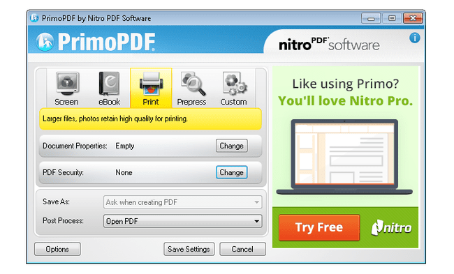 Snímek obrazovky PrimoPDF ve Windows 7