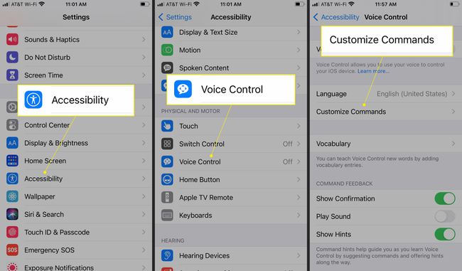Az iPhone beállításai a Kisegítő lehetőségek, a Hangvezérlés és a Parancsok testreszabása kiemelve