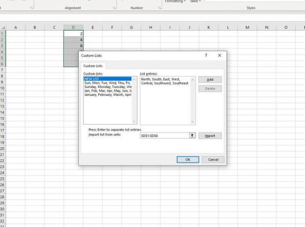 Wpisy listy niestandardowej w oknie dialogowym Lista niestandardowa programu Excel