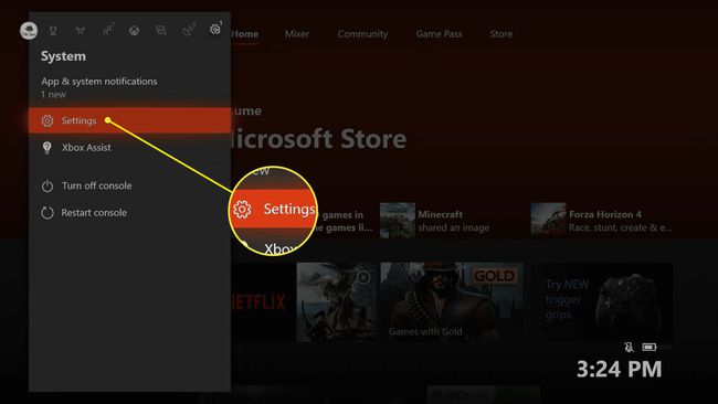 Menu de configurações do sistema do Xbox One