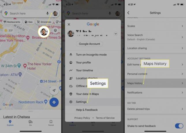 Profilsymbol, Einstellungen und Maps-Verlauf in der Google Maps App