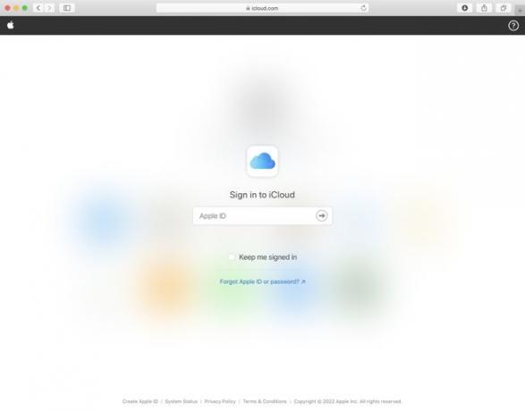 Captura de pantalla de la pantalla de inicio de sesión de iCloud