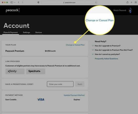 Web 上の Peacock のアカウント ページ。[プランの変更またはキャンセル] ボタンが強調表示されています。