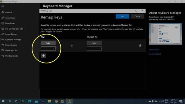 Microsoft PowerToys-ის Remap Keys ეკრანზე ჩაწერეთ Key ქვეშ