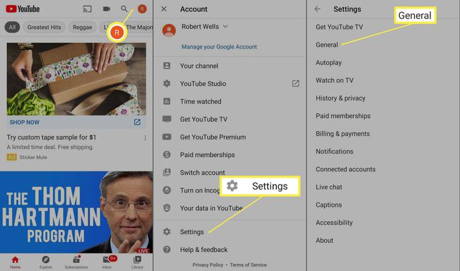 Profilul, setările și opțiunile generale din aplicația YouTube pentru Android.