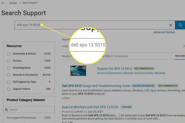 Søkeside for Dells kundestøtte med modellnummer uthevet i søkefeltet