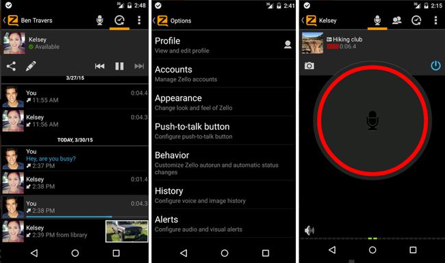 Snímky obrazovky aplikace Zello's Walkie Talkie.