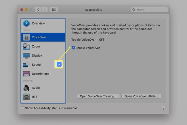 Ota VoiceOver käyttöön -valintaruutu macOS: n esteettömyysasetuksista