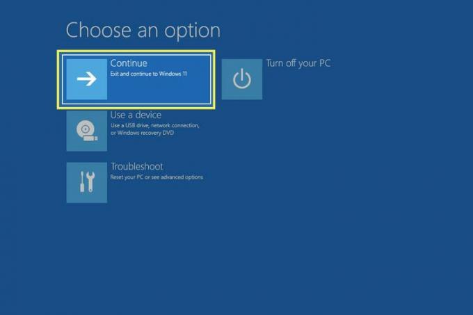 Fortsett-knappen uthevet i Windows 11 aso-menyen