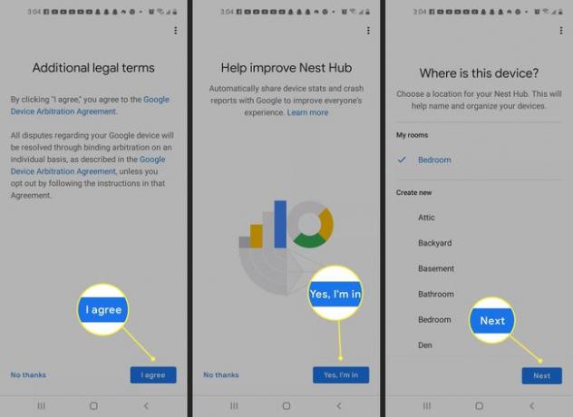 Un utilizator Google Nest Hub este de acord cu termenii legale Google și acceptă partajarea datelor în timpul configurării.