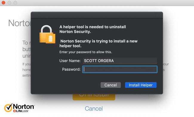 El cuadro de diálogo Install Helper para la desinstalación de Norton