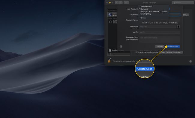 Okno Nowe konto na komputerze Mac z podświetlonym przyciskiem Utwórz użytkownika