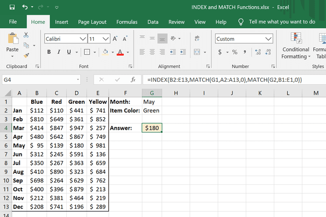 INDEX ja MATCH pesastamise näide Excelis