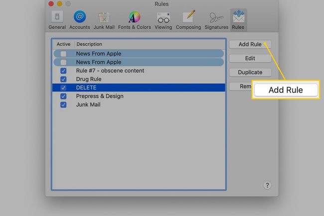 Botão Adicionar regra nas preferências do macOS Mail