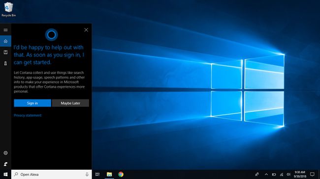 Captură de ecran Windows care arată ecranul inițial de conectare Cortana