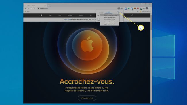 Menú de traducción de Chrome en una página web en francés.