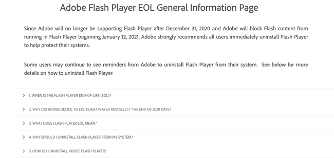 AdobeのFlashの保守終了ページと情報のスクリーンショット