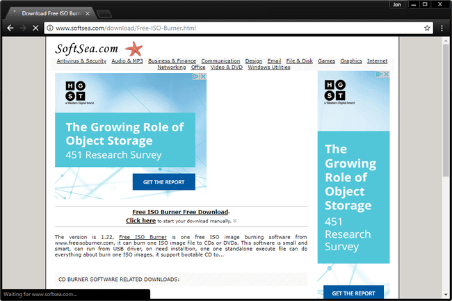 Ücretsiz ISO Burner için SoftSea.com İndirme Sayfasını gösteren ekran görüntüsü