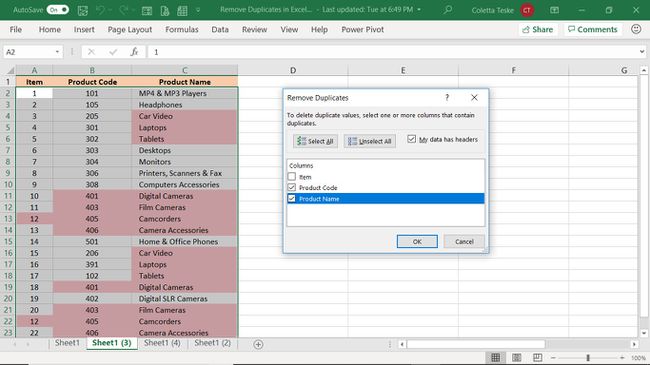 Okno dialogowe Usuń duplikaty, aby usunąć zduplikowane wiersze w programie Excel