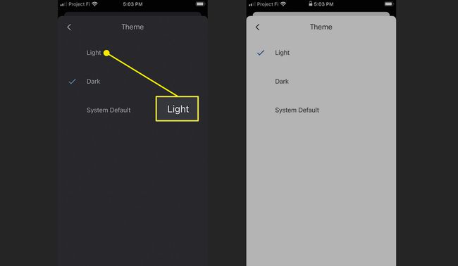 แสงที่ไฮไลต์ในการตั้งค่าธีมของแอป Google เอกสาร