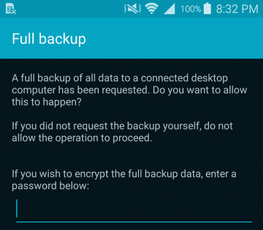 Captură de ecran a confirmării telefonului pentru backup complet.