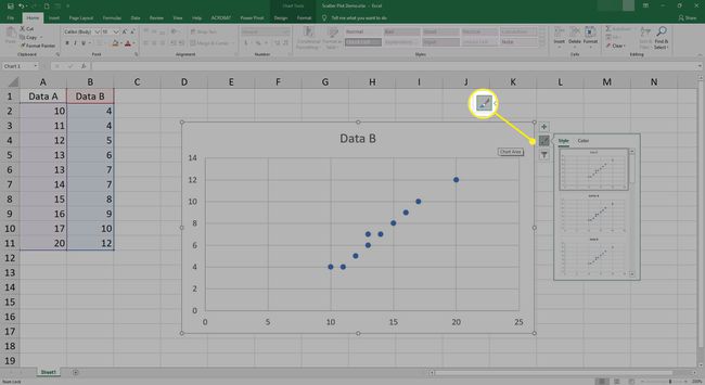 Ændring af farver og stilarter af scatter-plot i Excel.