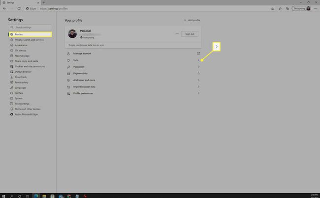 Sincronizar la configuración resaltada en Microsoft Edge.