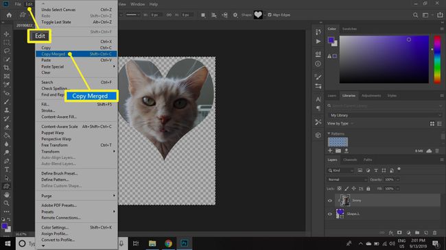 Photoshop Elements-Menü „Bearbeiten“ mit hervorgehobener Option „Zusammengeführte Kopie“
