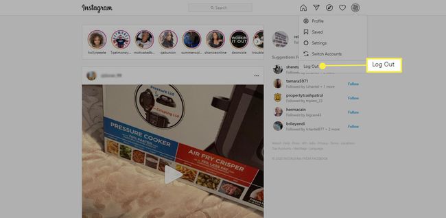 Instagram — wyloguj się w menu rozwijanym