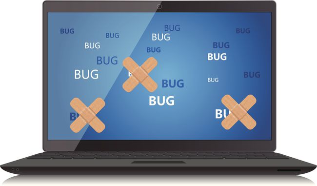 Gambar laptop dengan bug, beberapa di antaranya memiliki perban